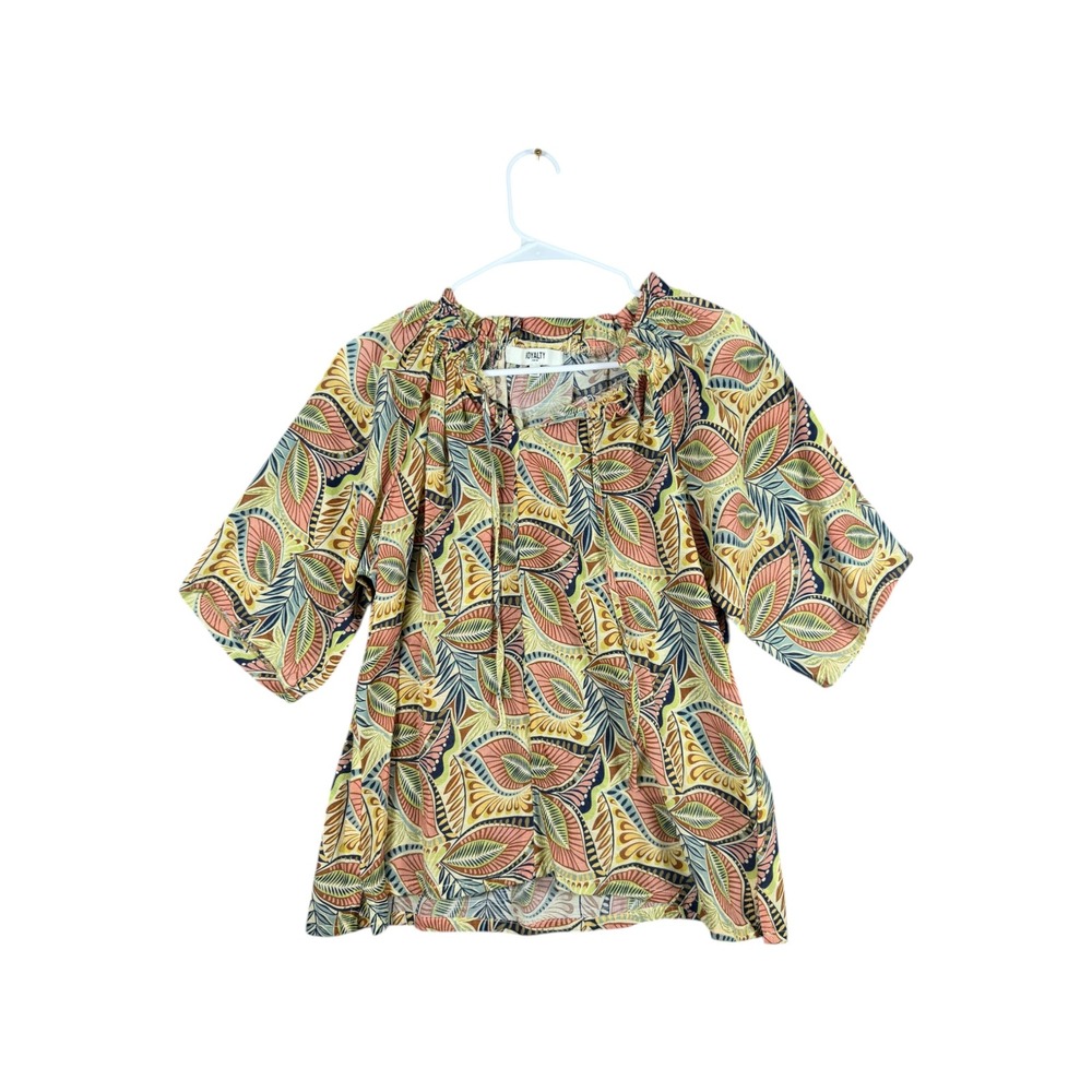 Royalty For Me Womens Boho Leaf Print Blouse Elastic Tie Neck Multi Color Medium